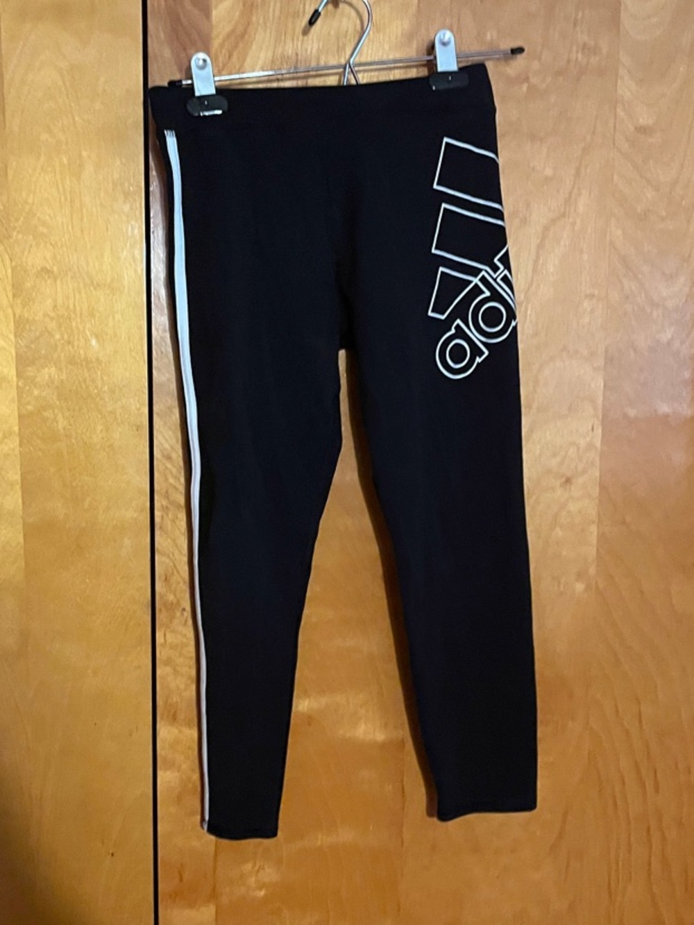 adidas Girl’s XL Cropped Black Leggings with White Logo and Side Stripe
